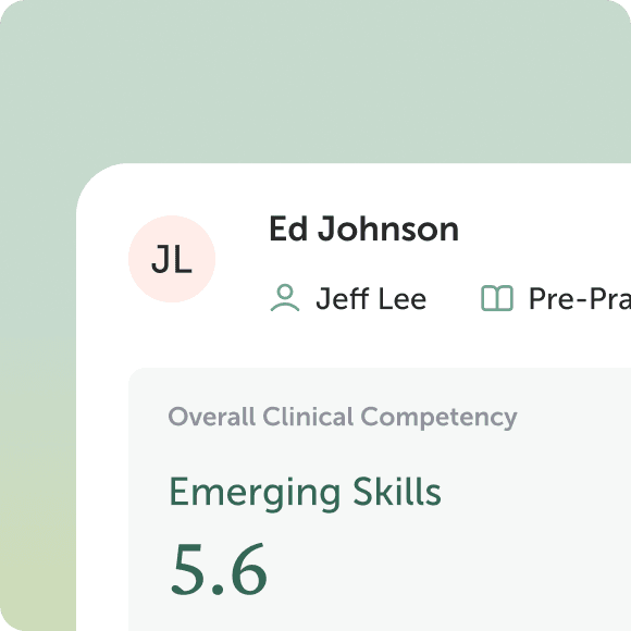 Supervisee summary card showing Overall Clinical Competency rated as Emerging Skills 5.6