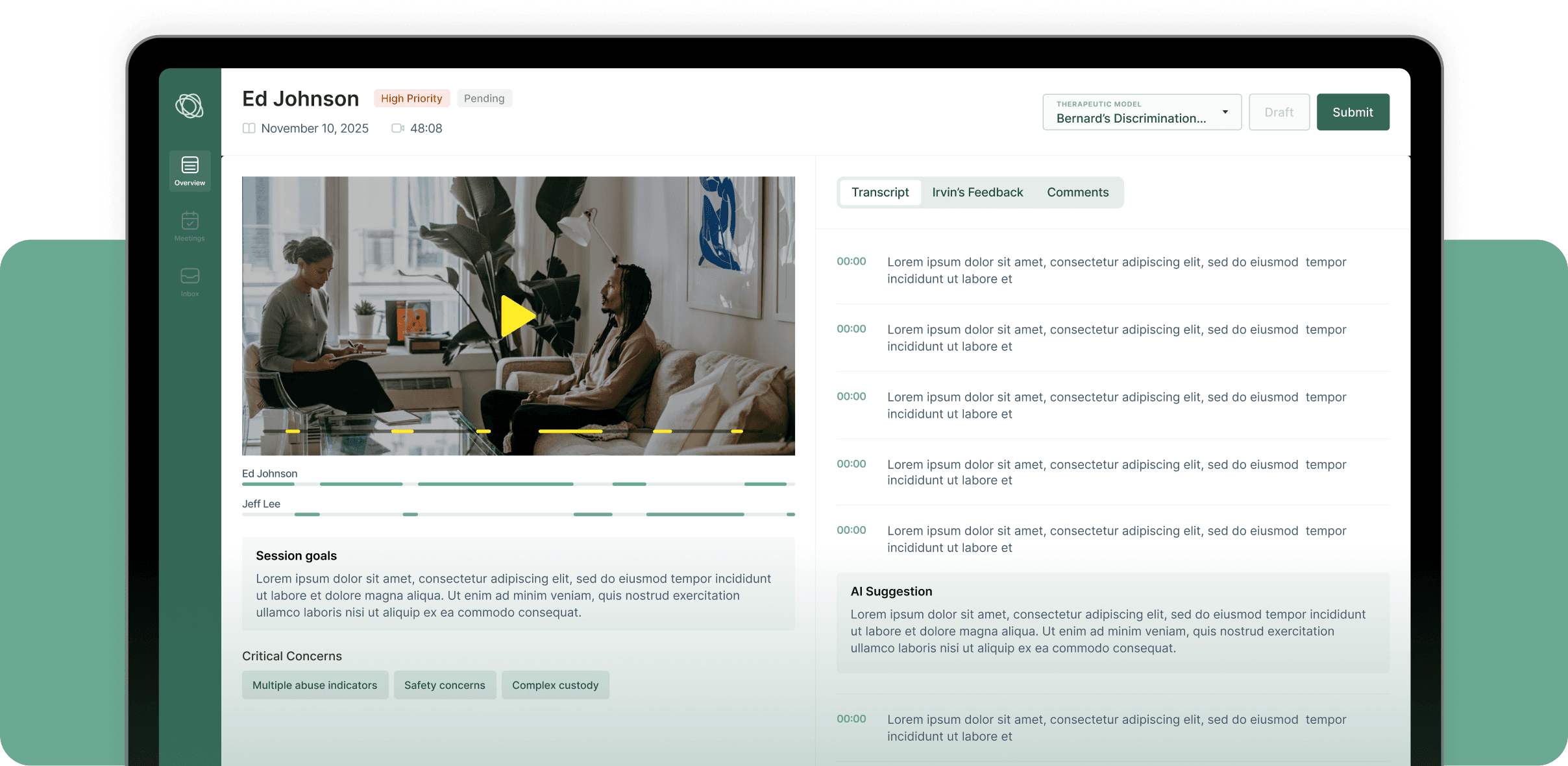 Irvin product preview showing a session review with transcript, AI feedback, and clinical scoring